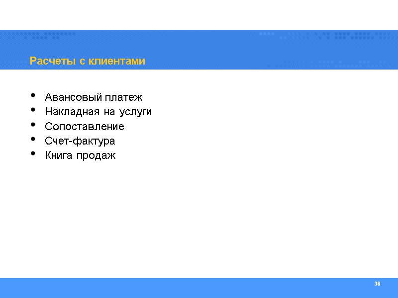 36 Расчеты с клиентами Авансовый платеж  Накладная на услуги  Сопоставление Счет-фактура Книга